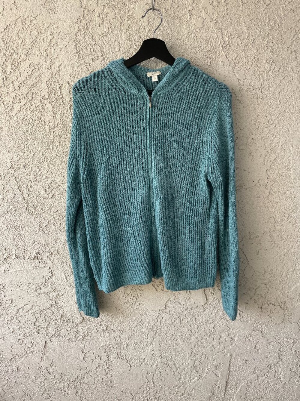 J.Jill Teal Linen Blend Zip Up Hoodie Sweater Medium Open Knit Coastal Layering